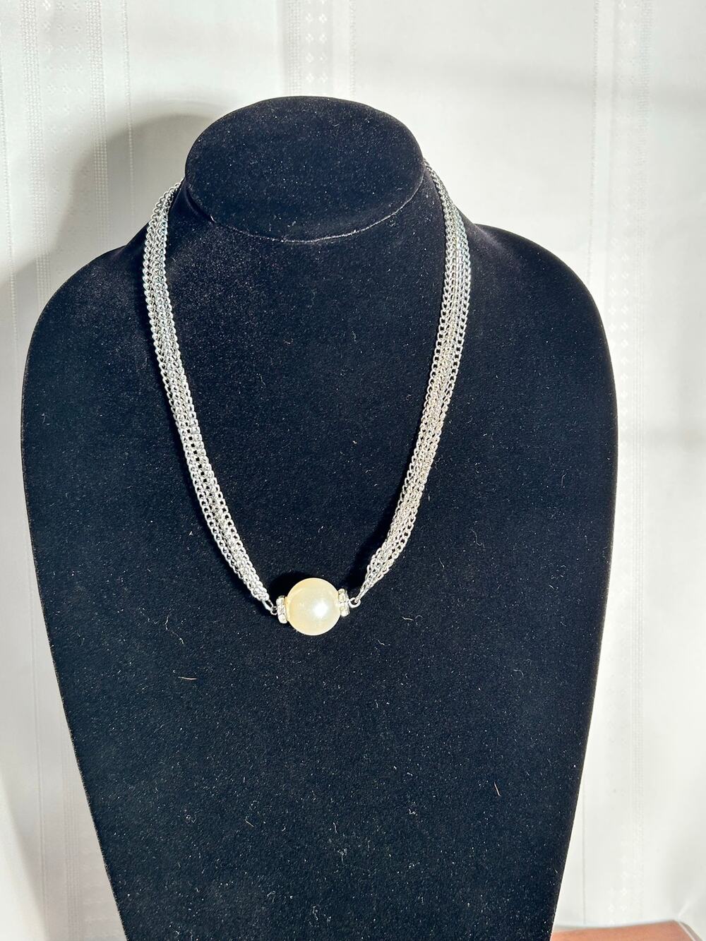 Silver Tone Multi Strand Chain Necklace Faux Pearl Solitaire Rhinestone 18"